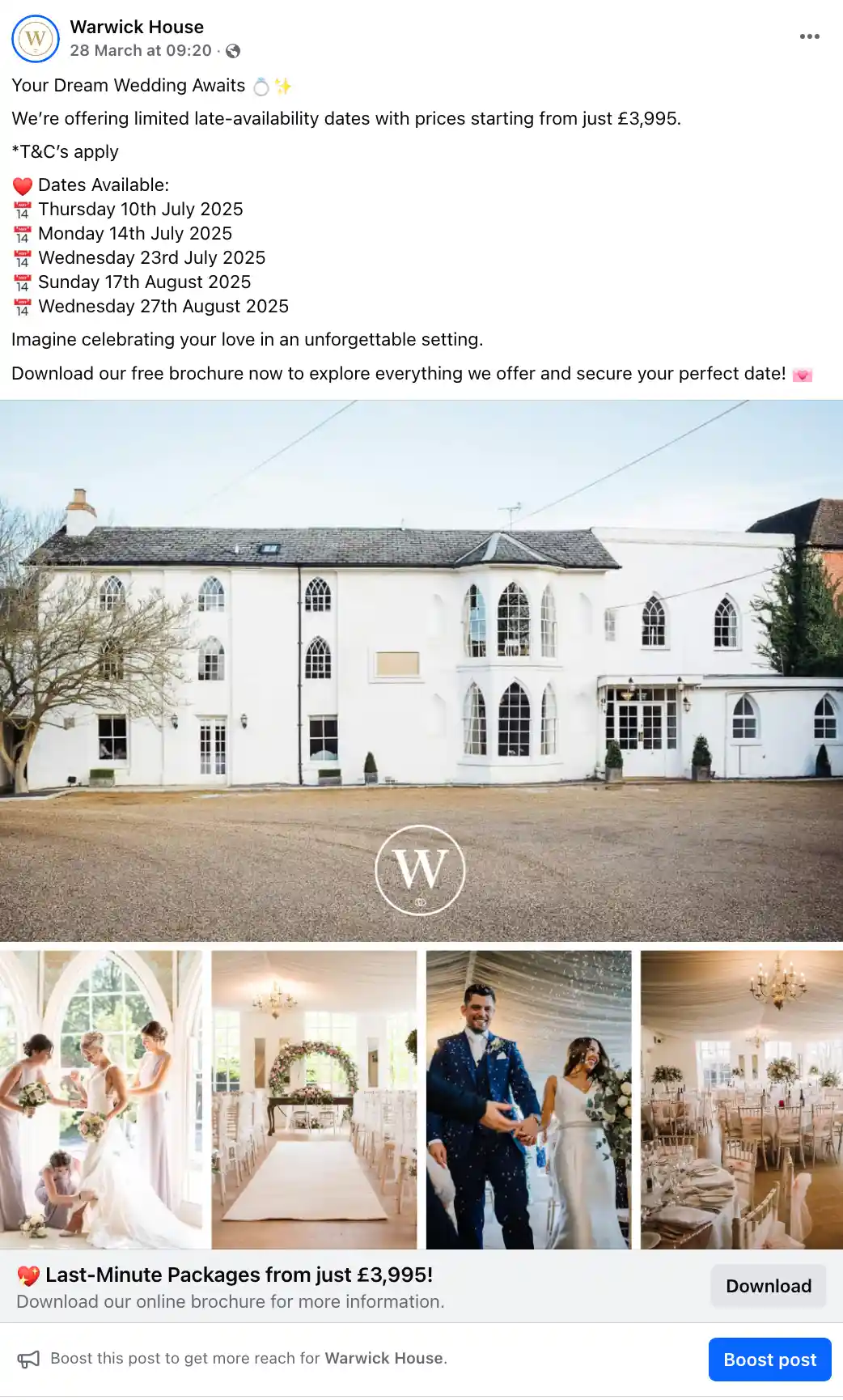 Warwick House Facebook Ads Results in the last 60 days