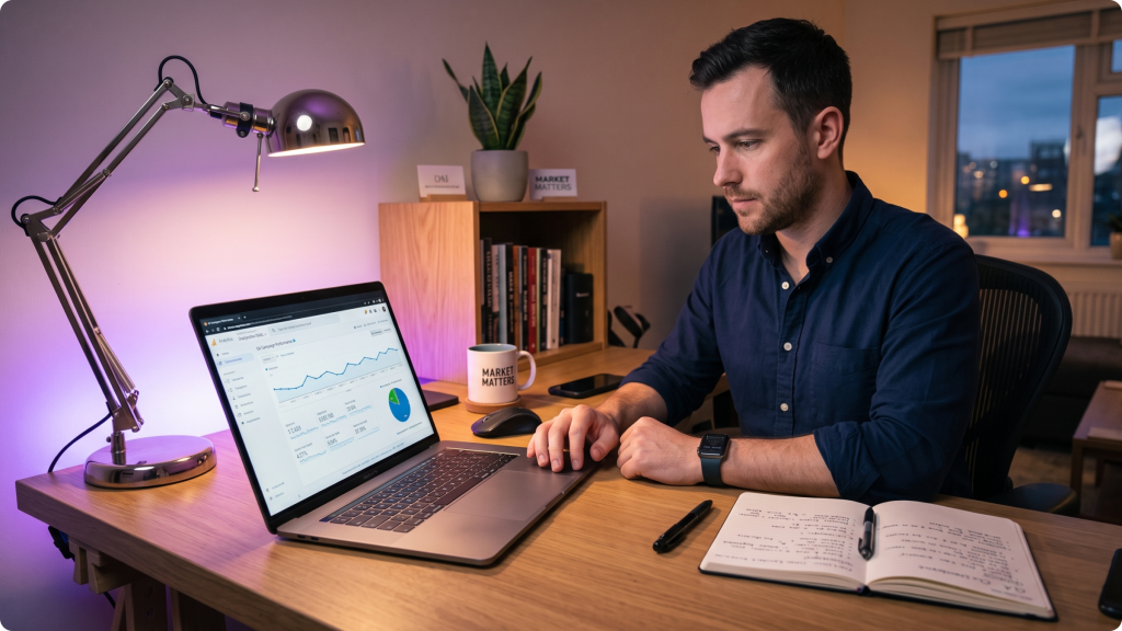 man looking to use ai tools to improve google ads with laptop working from home
