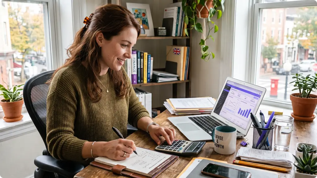 a woman working out her google ads budget on her laptop and notepad