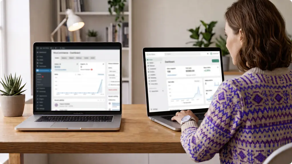 a woman on two laptops comparing shopify and woocommerce platforms