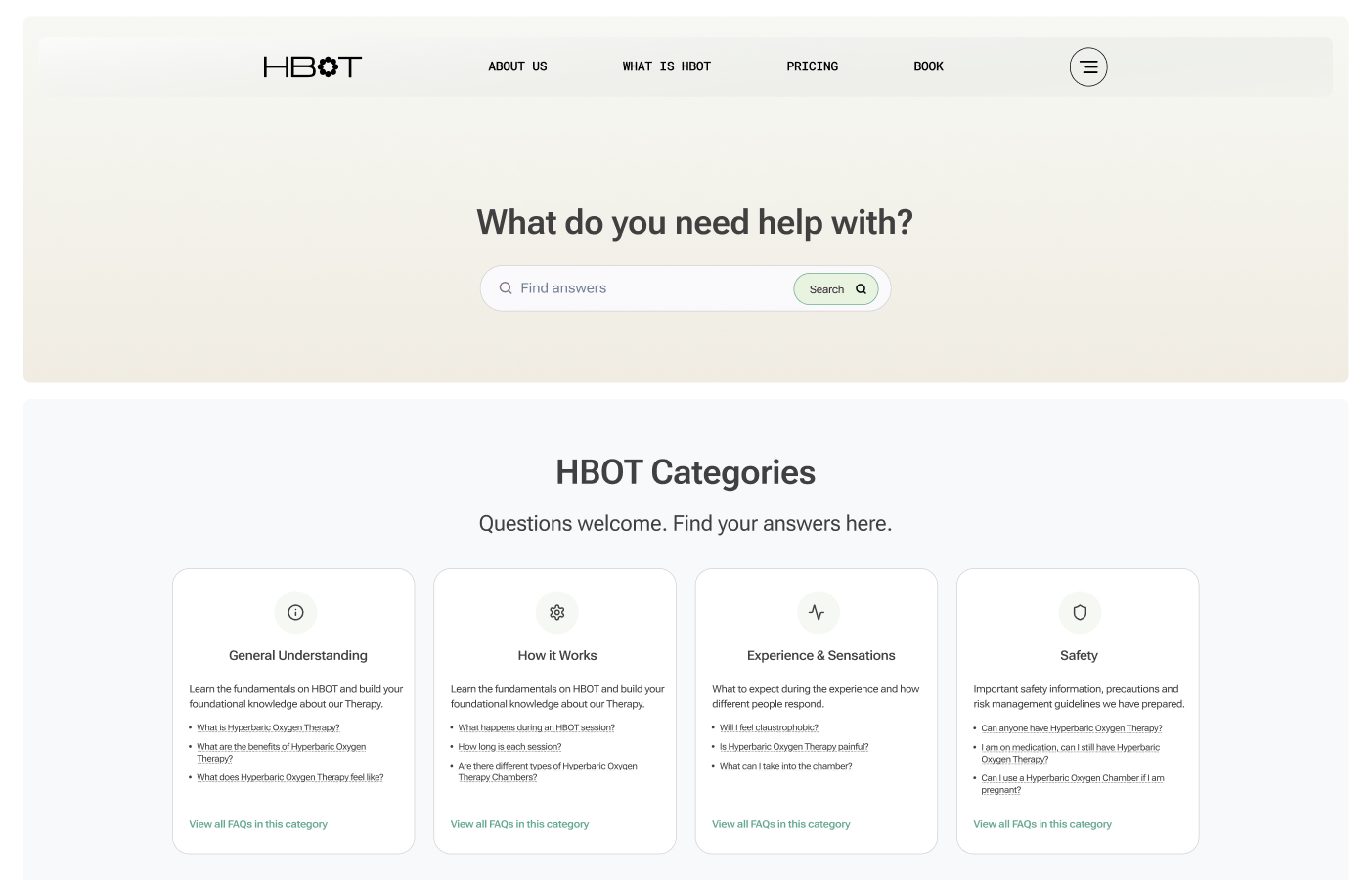 The HBOT Co FAQ hub, with categorised questions on the therapy