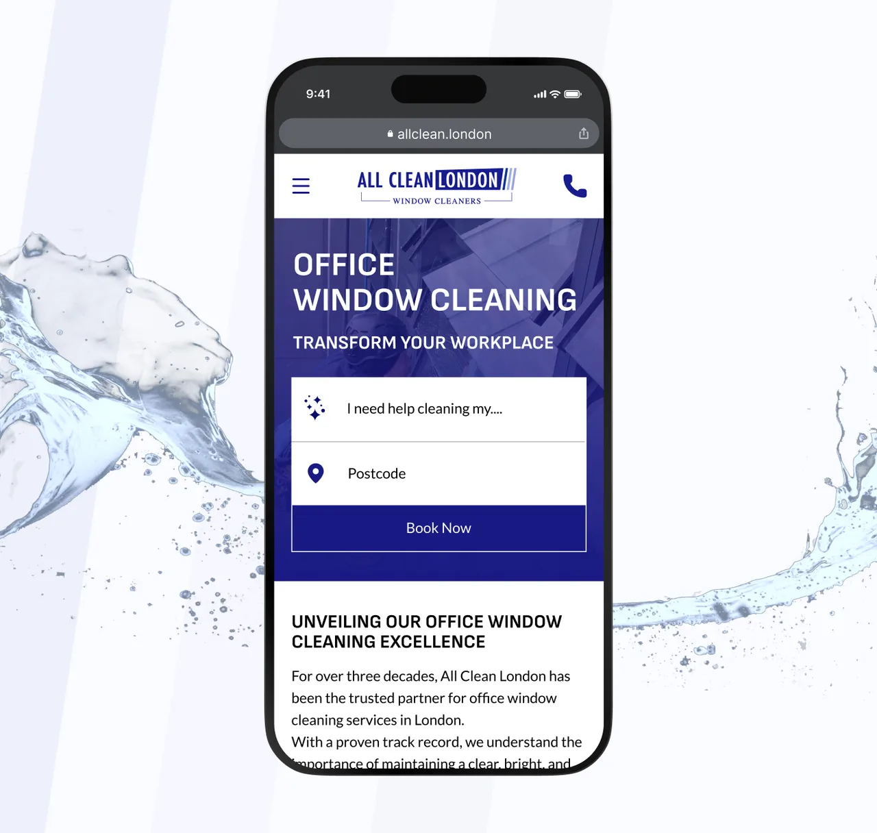 The All Clean London site on a mobile phone