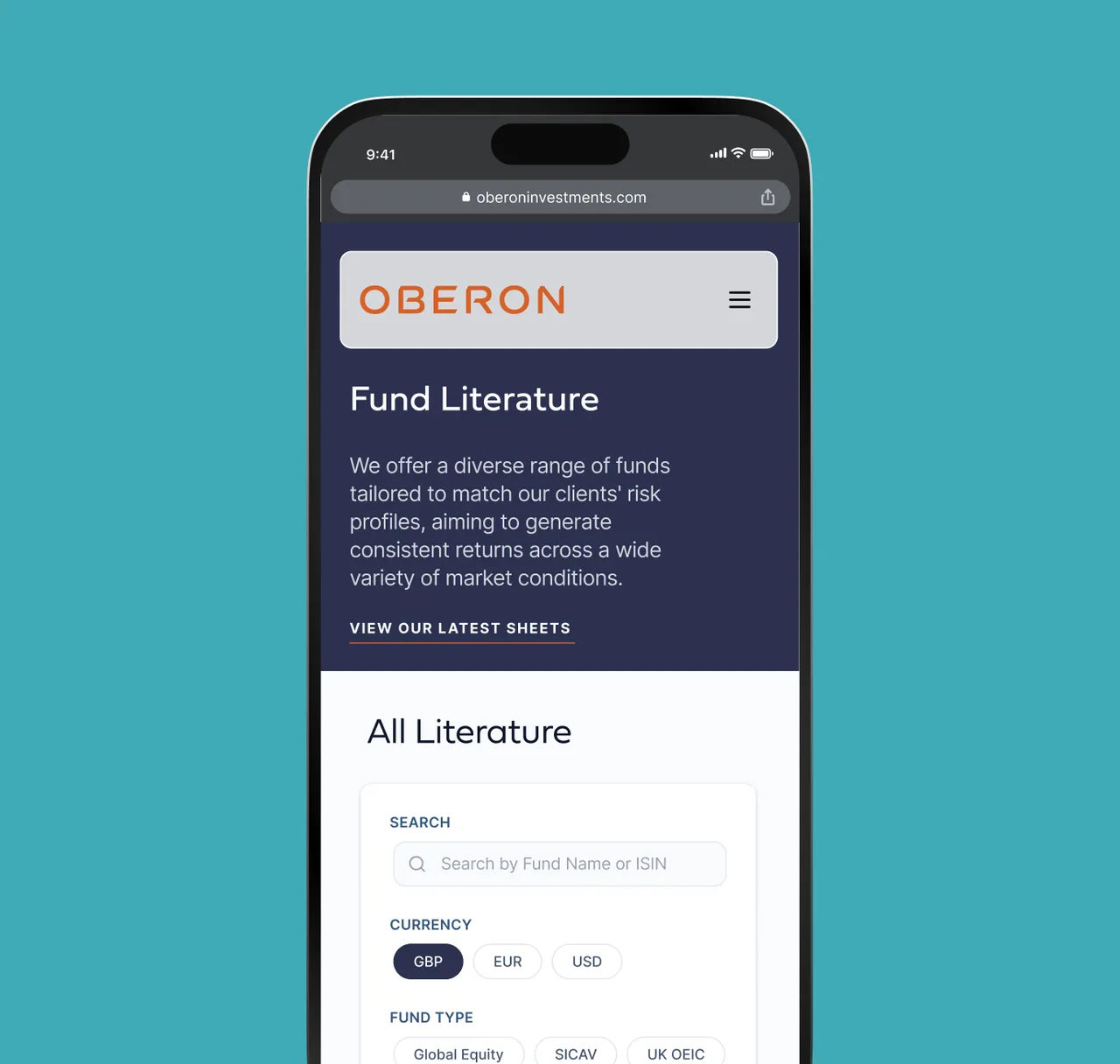 The Oberon Group fund literature on a mobile phone