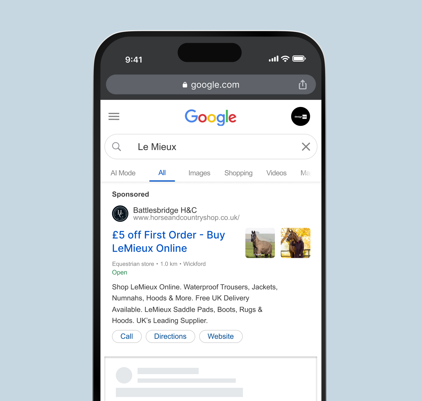 The Battlesbridge Horse & Country shop shown on a mobile phone