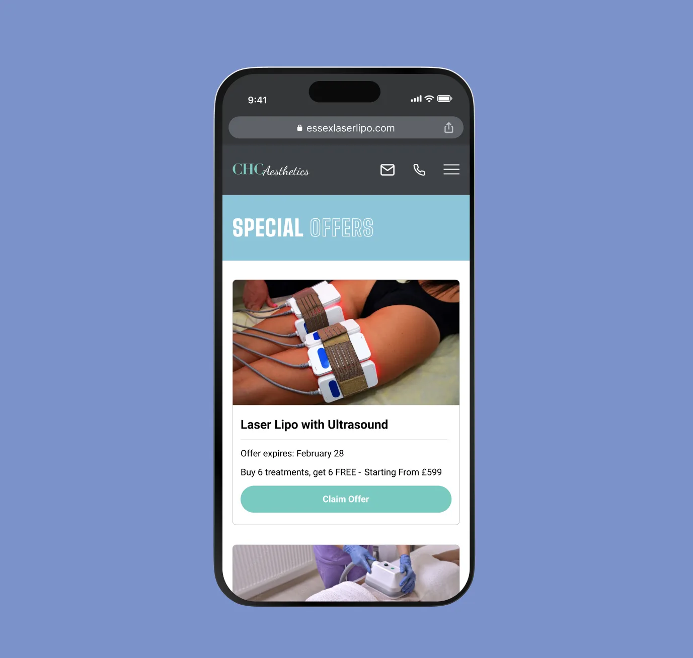 The CHC Aesthetics site shown on a mobile phone