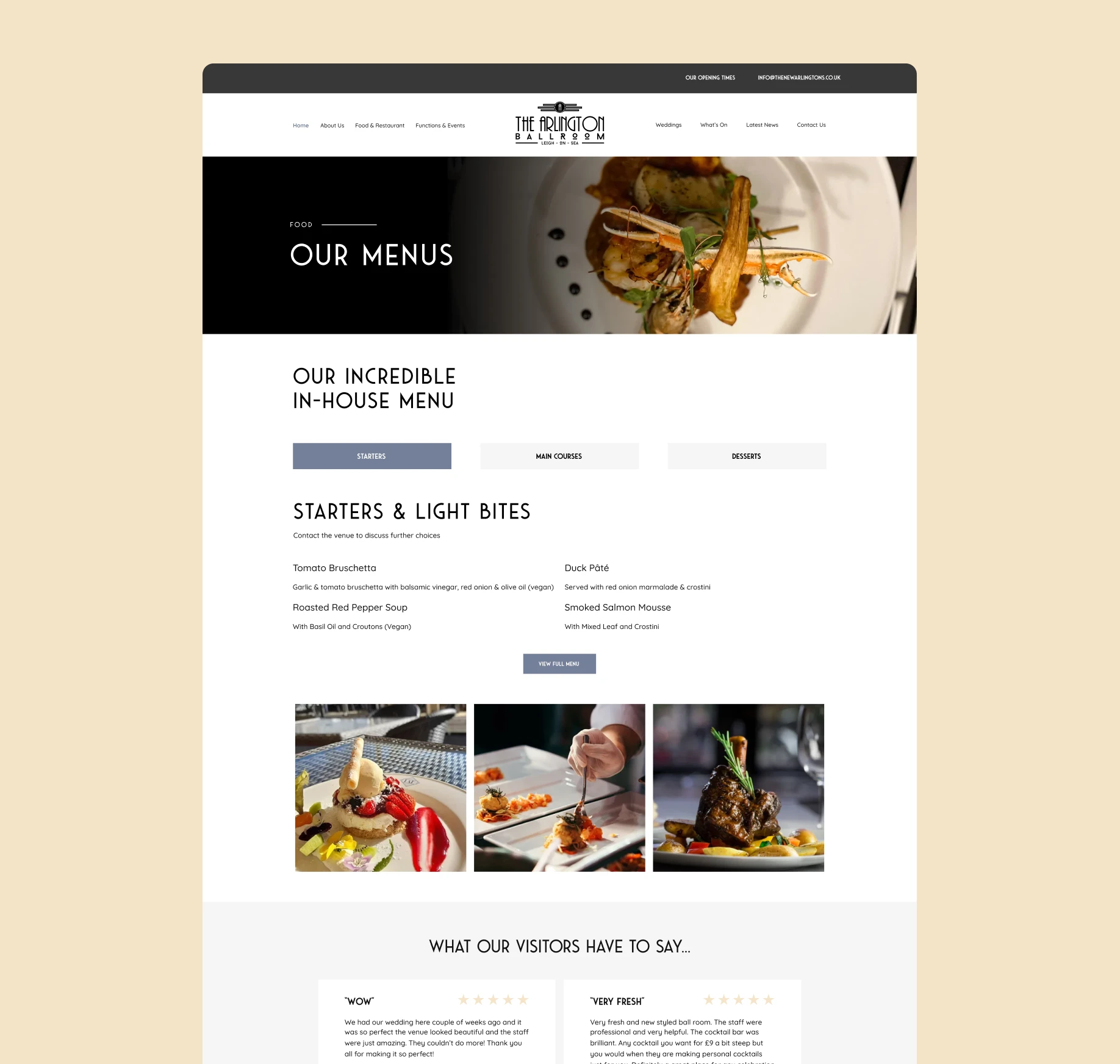 The in-house menu pages on The Arlington Ballroom website