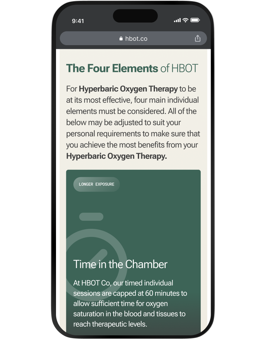 The HBOT Co website shown on a mobile phone