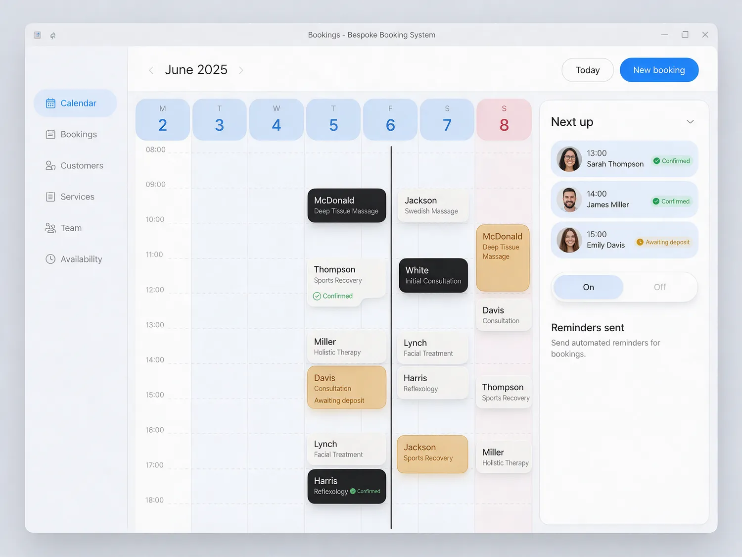 Booking and scheduling system built by designbox, showing a week calendar of bookings