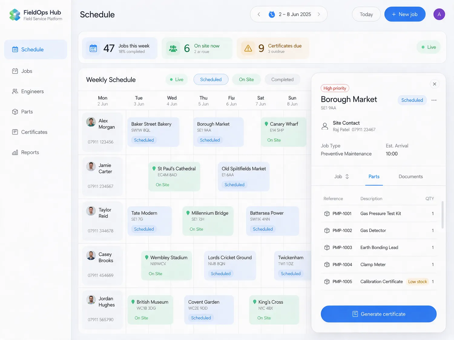 Operations platform built by designbox, showing a weekly schedule by engineer