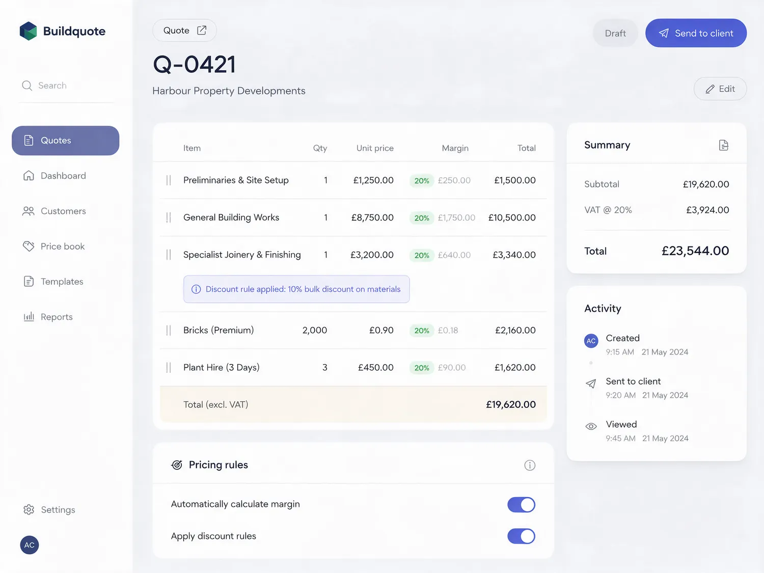 Quoting and proposals tool built by designbox, showing a quote builder with margins and pricing rules