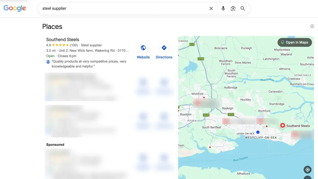 Google search for steel supplier showing Southend Steels first in the map pack
