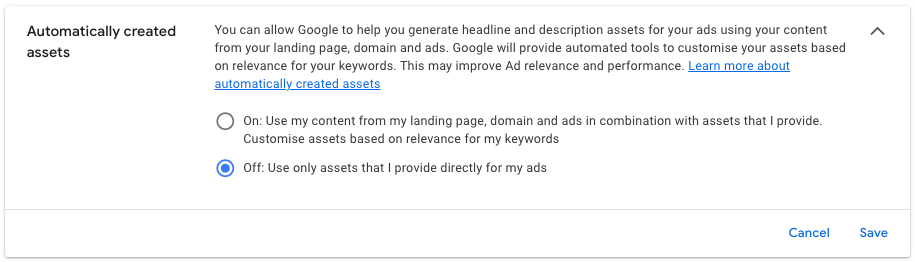 google ads automatically created assets